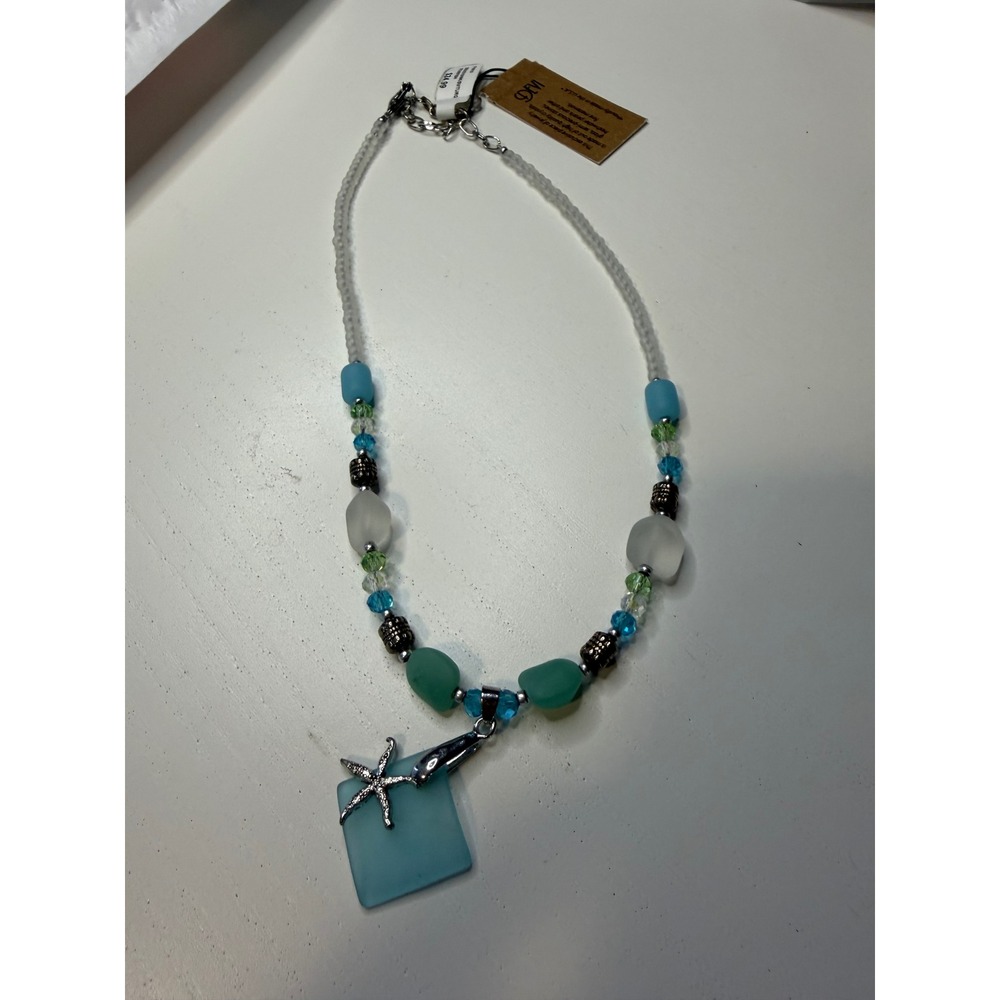 Devi Sea Glass Starfish Beaded Necklace Blue Teal Coastal Beach Jewelry NWT